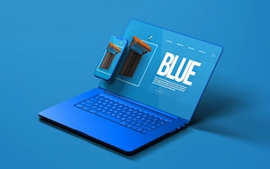 Blue laptop on display with the text BLUE